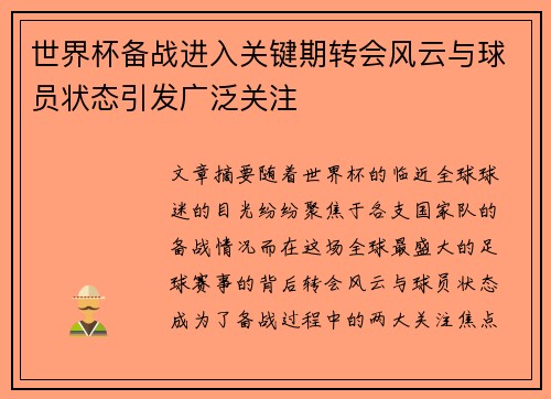 世界杯备战进入关键期转会风云与球员状态引发广泛关注
